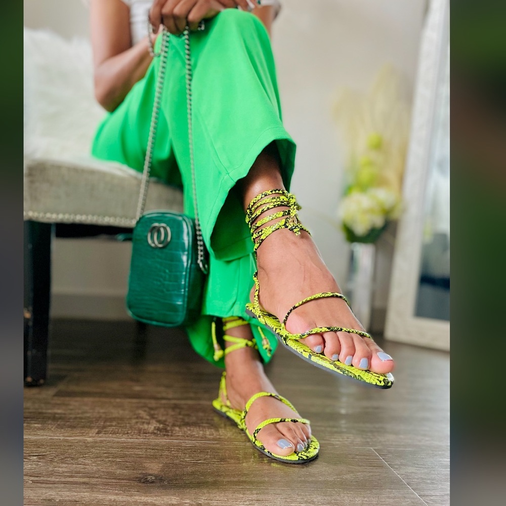 Neon Green Lace Up Snakeskin Sandals Size 38